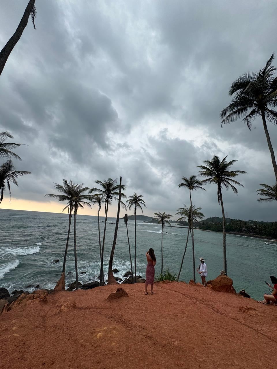 Storm clouds over a palm-lined coastal viewpoint at dusk